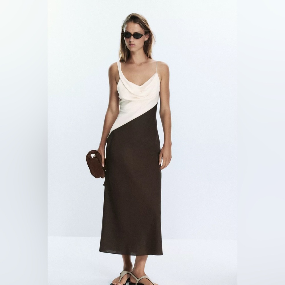 Zara Combination Cowl Neck Linen Midi Dress